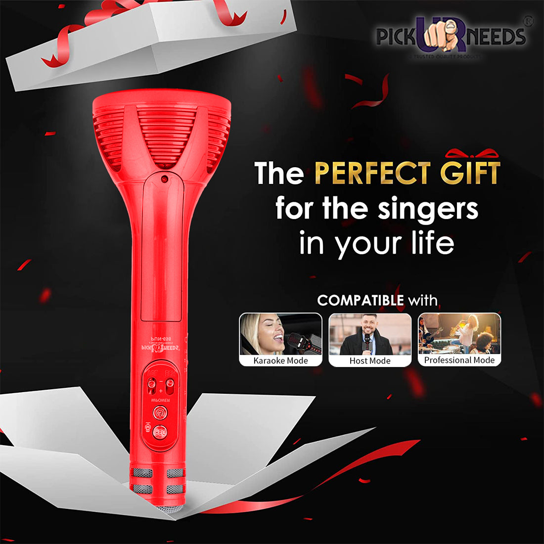 Pick Ur Needs Karaoke Mic with Led Light Wireless Bluetooth Microphone Connection Player Speaker 2-in1 with Recording + USB+FM